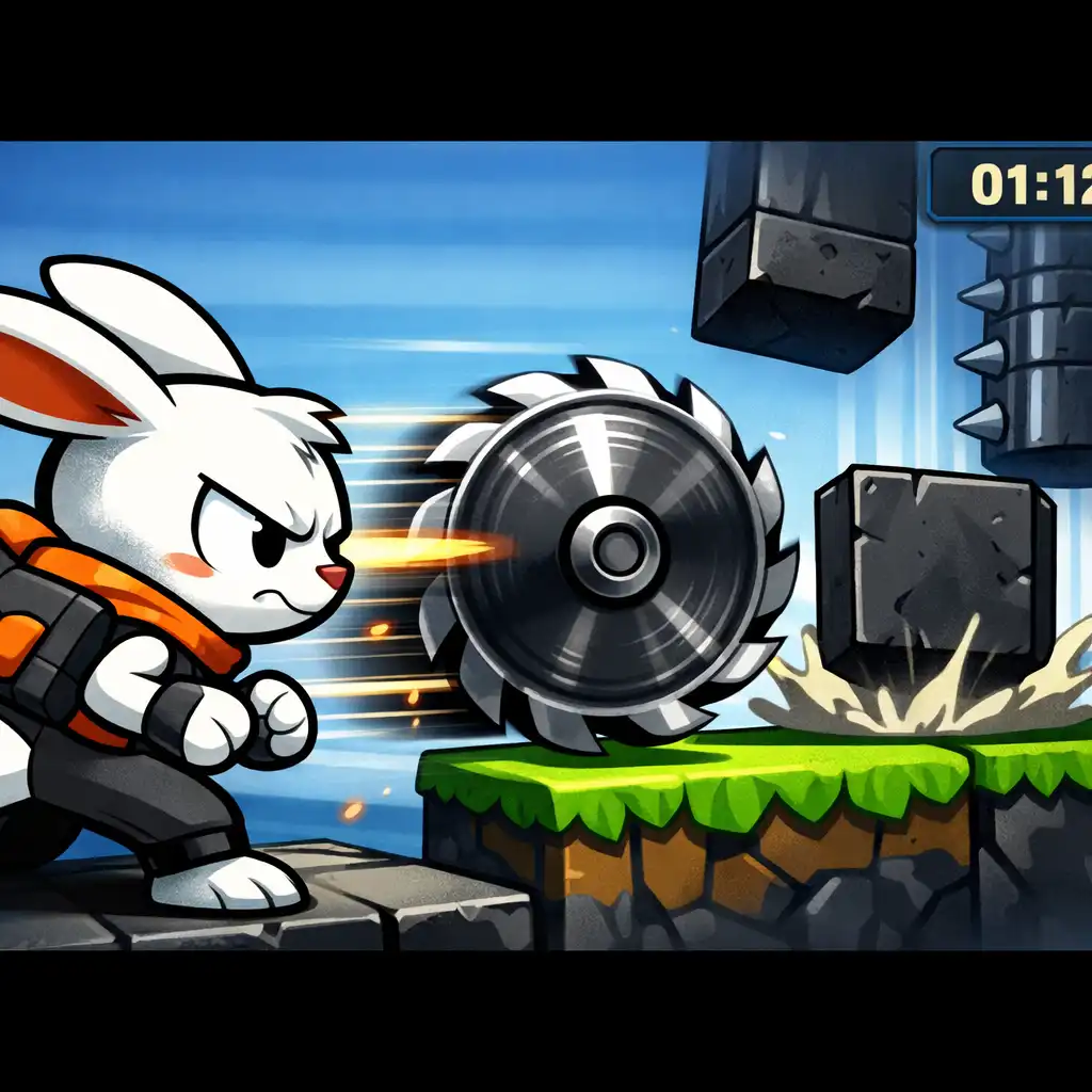 Cartoon rabbit dodging an abstract obstacle with speed lines and a burst of orange energy.