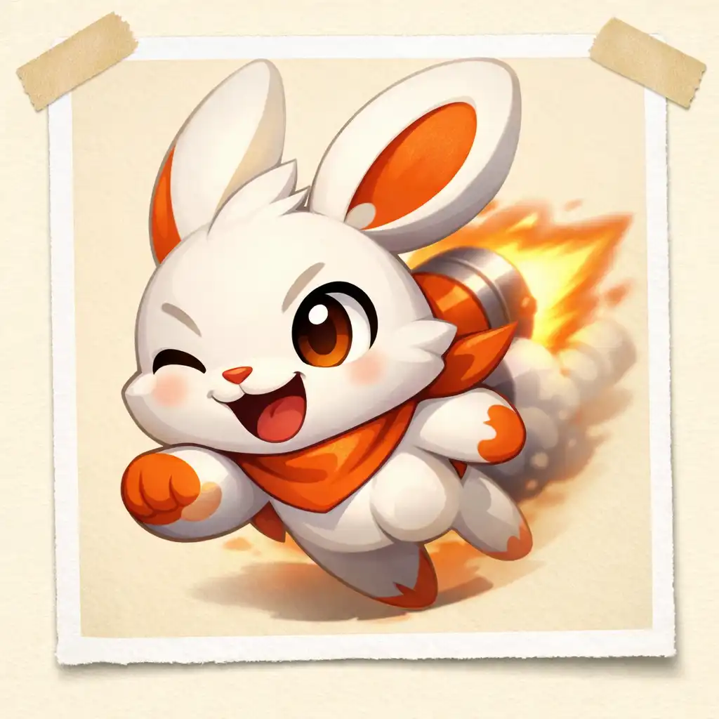 Close-up of the cartoon rabbit character with a rocket-like burst behind, set against a warm cream background.