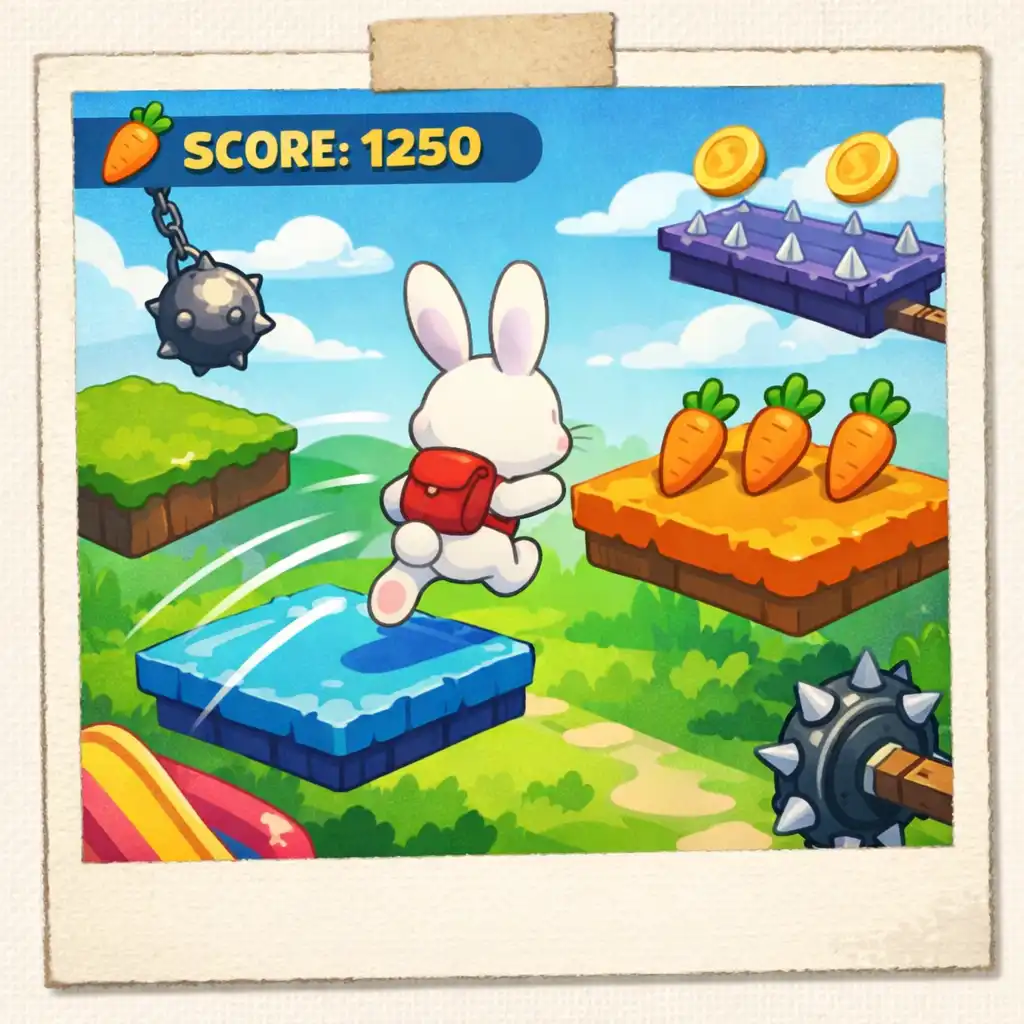 Illustrated mobile game interface showing a rabbit navigating a colourful obstacle course with platforms, carrots, and motion lines.