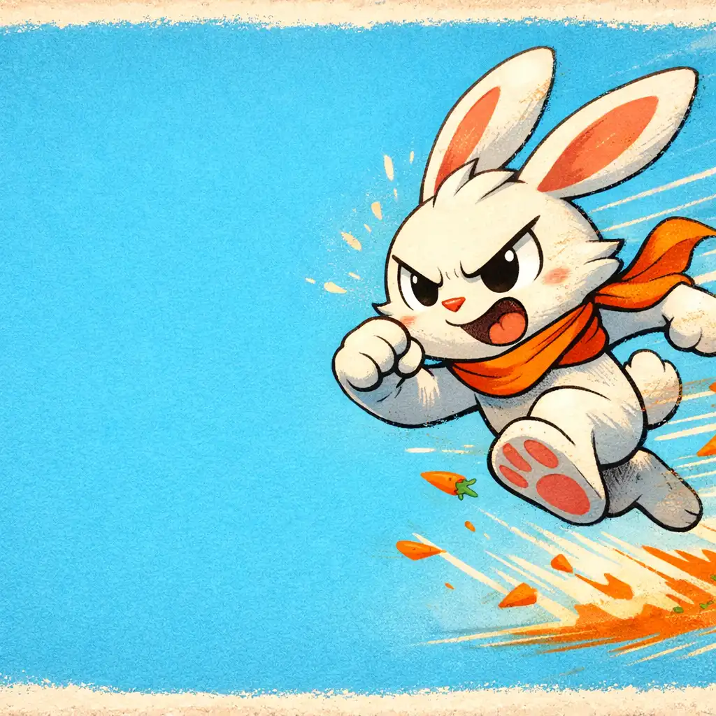Cartoon rabbit character mid-jump with motion lines trailing behind, set against a bright sky-blue background.
