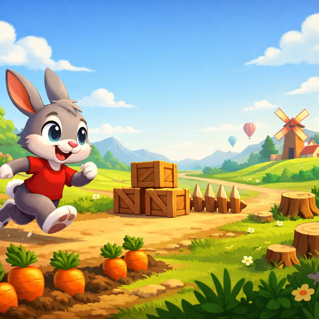 Clean screenshot-style illustration of a cartoon rabbit running through a vibrant field with carrots and obstacles.